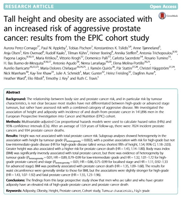 키가 크고 비만인 남성이 악성 전립선암에 걸릴 확률이 높다는 연구 논문. /BMC 캡처.