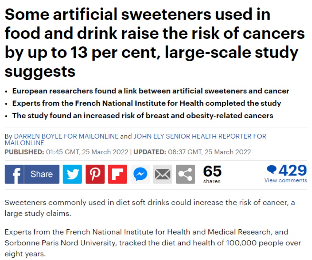 The British media 'Daily Mail' introduced the study that artificial sweetener consumers are more likely to get cancer.