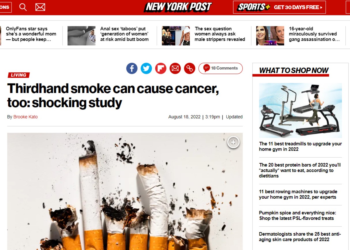 3차 간접흡연으로도 암이 발생할 수 있다는 충격적인 연구결과를 소개한 'New York Post'.